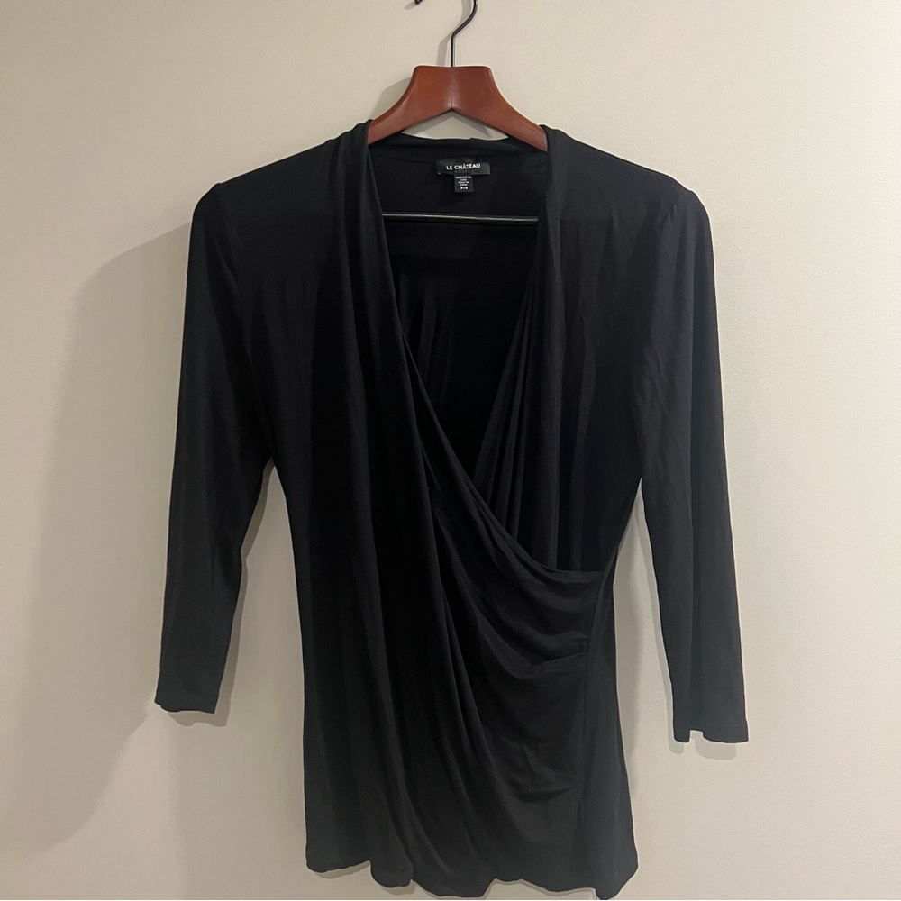 Small Le Chateau Black faux wrap top, 3/4 sleeves
